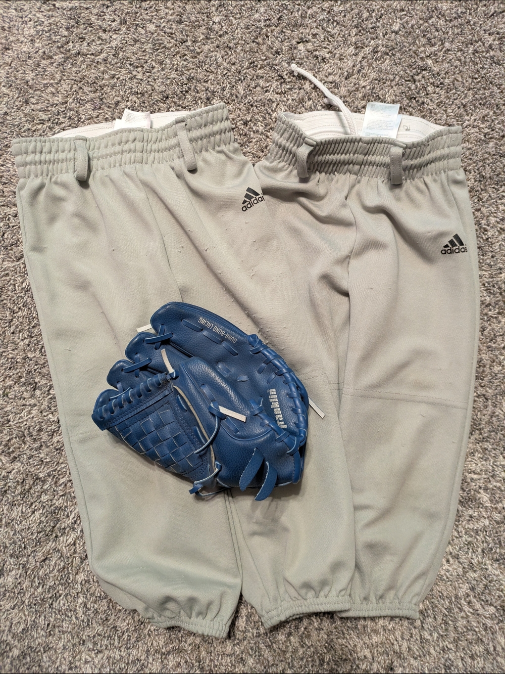 2 Adidas Kids Light Gray Baseball Game Pants with Blue Glove - Tball